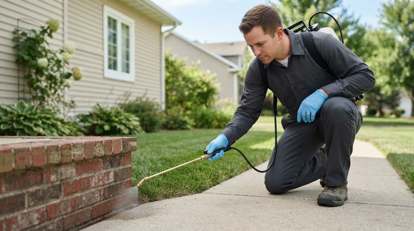 Pest control technician treating a home near King Salmon, AK
